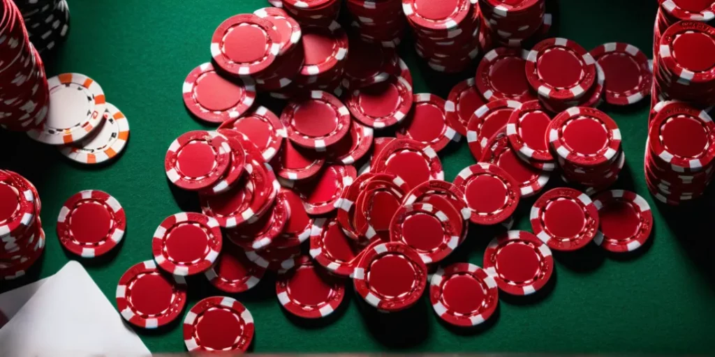 photo of red chips on a poker table